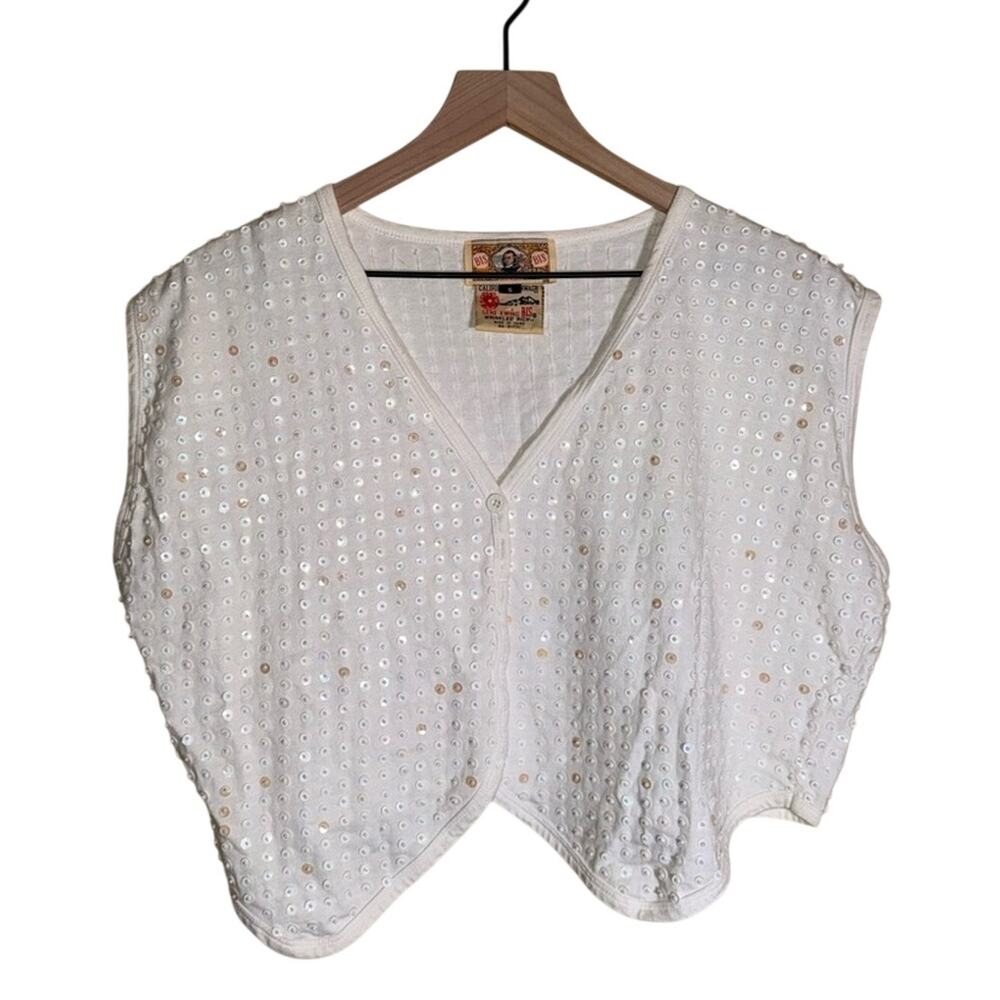 VINTAGE BIS BIS Gene Ewing White sequin Y2K 90s party going out button up vest S